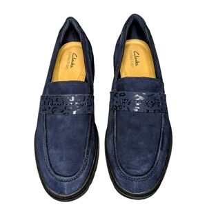 CLARKS FASHIONABLE ON TREND SUEDE CHUNKY NAVY BLUE LOAFERS WOMEN'S SZ 11